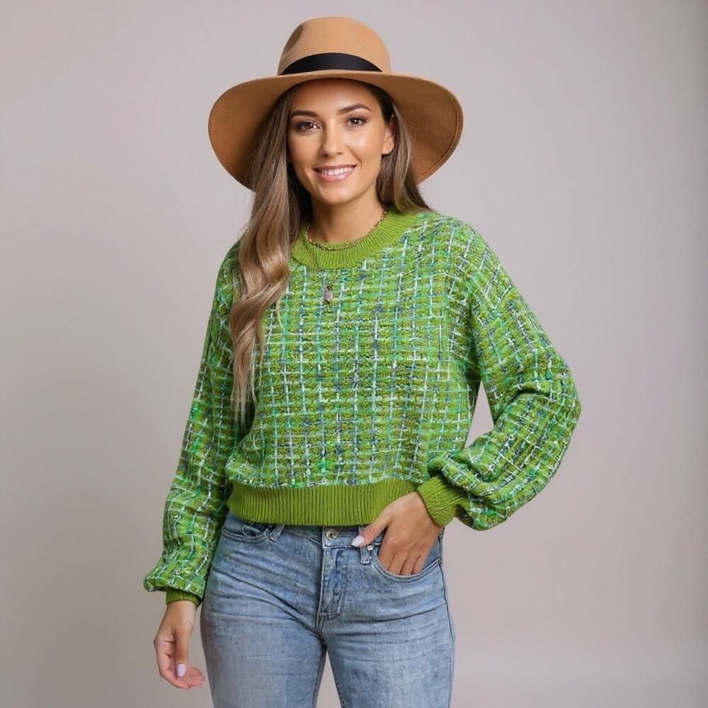 CUPSHE Women's Green Rainbow Stitch Drop Sleeve Semi-Cropped Sweater Top SZ L
